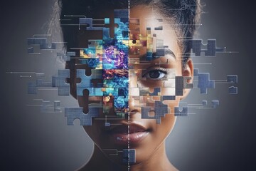 Sticker - Conceptual portrait of a woman with fragmented puzzle pieces forming her face symbolizing the complexity of thought and the search for identity