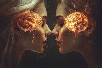 Canvas Print - Couple with glowing neural connections symbolizing the fusion of thoughts and the powerful intellectual connection in their relationship