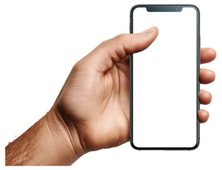 Wall Mural - Close-up of a hand holding a smartphone with a blank white screen against a white background.