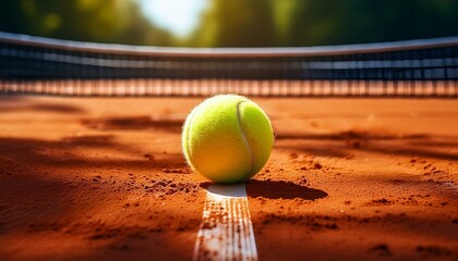 Tennis Ball on Clay Court A solitary tennis ball rests on the red clay court, awaiting the next rally. The focus on the ball creates a sense of anticipation and excitement, with the blurred lines.