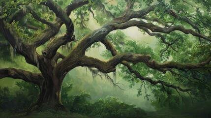 Poster - A majestic oak tree with sprawling branches and verdant foliage, bathed in a soft, ethereal light.