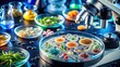 © Man888 - Magnified microscopic view of various microorganisms, cells, and biological samples on a petri dish, under a laboratory microscope for scientific research and analysis.