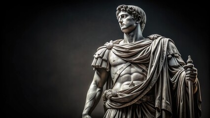  Majestic ancient Roman tribune statue standing proudly on a dark black background, emphasizing power and elegance in contrasting monochromatic hues.