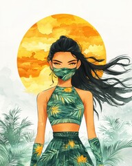 Woman In Tropical Outfit With Face Mask Standing In Front Of A Sunset