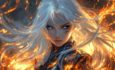 Wall Mural - illustration of an elegant, long-haired girl in armor, with blue eyes and silver hair, wearing intricate golden earrings, surrounded by flames