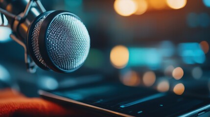 This image features a close-up of a dynamic microphone with a blurred background filled with ambient lighting, creating a warm and inviting atmosphere for audio recordings.