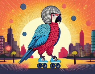 whimsical illustration of parrot in disco ball helmet roller skating through cityscape.