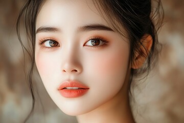 Close-up portrait of young Asian beautiful woman with K-beauty make up style and healthy and perfect skin. Facial and skin care concept for commercial advertising.generative ai