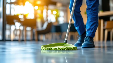 Janitor mopping a shiny floor in a modern office setting