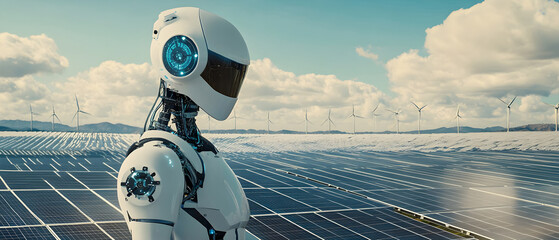 Poster - A futuristic robot monitoring a vast solar and wind energy farm, symbolizing the integration of advanced technology in renewable energy management under a partly cloudy sky.