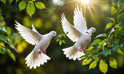 A white dove of peace with its wings spread wide sat on a branch against a background of blurred green leaves.