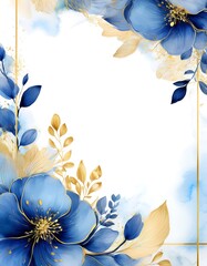 Blue and gold flower on white background. Watercolor abstract romantic floral background, wedding invitation card