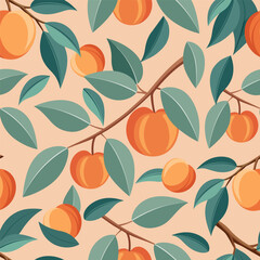 seamless pattern with peaches hanging on a branch with leaves