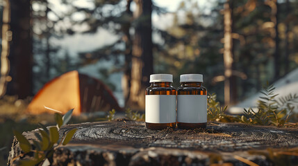 Two bottles of supplements sit on a tree stump in a lush forest setting, with a tent out of focus in the background.