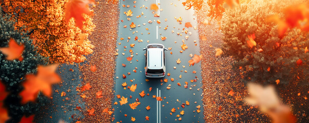 Wall Mural - drone view to car moving on beautiful asphalt road with dividing lines with many colourful autumn maple leaves falling from the trees