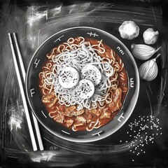 Bowl of ramen with chopsticks and garlic on a black background.