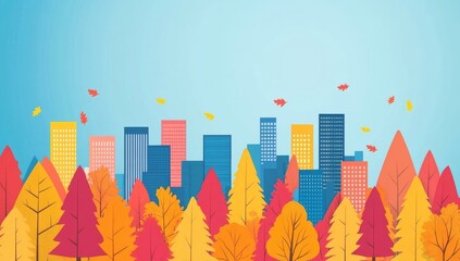 Wall Mural - Modern illustration of a park overlooking the city. A panoramic view of the park with trees of different colors and a city in the distance.