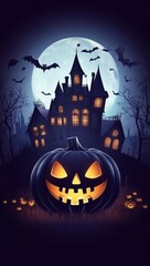 Sticker - City panorama in Halloween style. Scary halloween background with orange and yellow. Halloween vertical poster. Modern illustration.