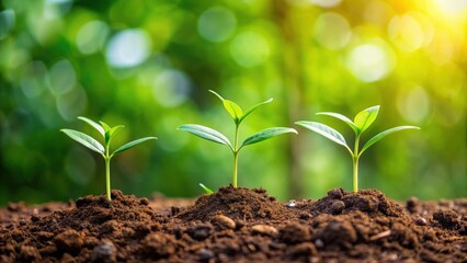 Poster - Three young saplings growing on soil with natural green background, saplings, growing, soil, nature, green, background