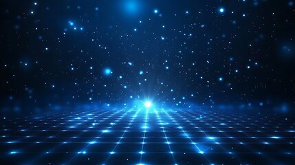 Poster - Futuristic digital blue grid with glowing lights and stars, representing technology, innovation, and virtual space.