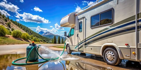 Refilling camper RV water tank at dumping station, hose pouring water into tank, essential service stop for recreational vehicle maintenance during road trips and travel.