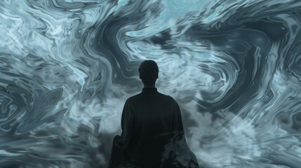 A person sits in front of a swirling abstract background, contemplating.