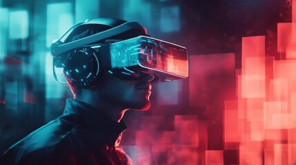 Wall Mural - A person immersed in virtual reality, wearing a VR headset, with a futuristic background of blue and red light squares.