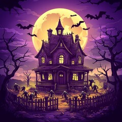 Sticker - Scary Halloween isolated background. Scary hilltop mansion. City panorama in halloween style. Modern Illustration.