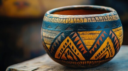 A close-up of a handmade Native American pottery with intricate designs. No people, copy space.