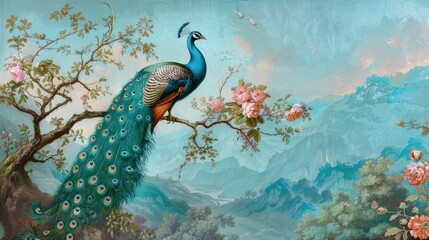 Image of a beautiful peacock with a beautiful tail perched on a branch of a flower in a blurry forest background. Vector illustration