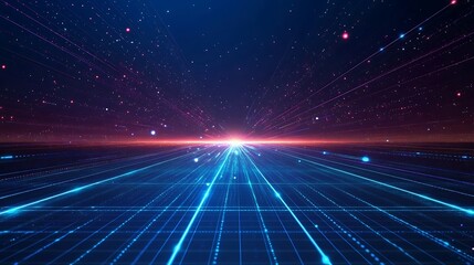 Wall Mural - Futuristic digital landscape with glowing grid lines and a horizon of blue and red lights, representing technology, innovation, and the virtual world.