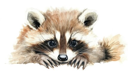 Wall Mural - Watercolor illustration of an adorable baby raccoon grasping its own tail