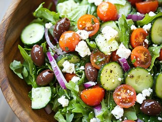 Mediterranean salad with greens, olives, cucumber, and feta in a wooden bowl, top-down shot with bright natural light