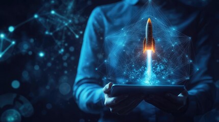 Poster - Business figure holding a tablet with a 3D rocket hologram, launching from it, on a technological blue background, symbolizing digital success.