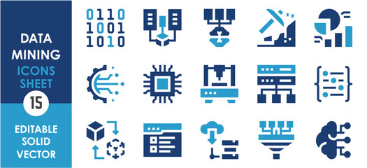 Leinwandbilder - A set of solid icons related to Data Mining. Data, mining, modeling, server, coding, developing, processor, analysis, gear, funnel, brain, intelligence, and so on. Vector flat icons set.