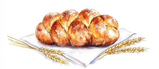 Watercolor illustration of traditional Jewish challah bread hand drawn and isolated on a white background Depicted on a napkin with an ear of wheat suitable for packaging and bakery design