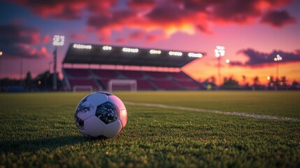 Close-up of a soccer ball on a sunlit stadium field, reflecting the essence of sports and competition