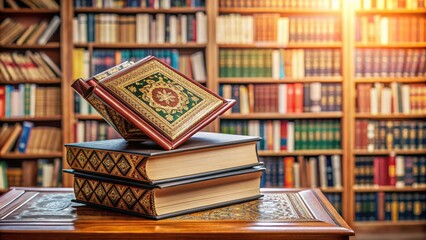 Aufkleber - A stack of Quran books in a library, symbolizing Islamic scholarship, Quran, books, Islamic, scholarship, library, education