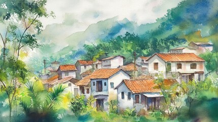 Wall Mural - Watercolor illustration of a small picturesque village