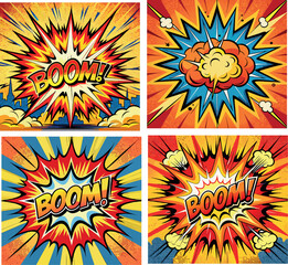 Collection of comic book action elements exploding with energy-