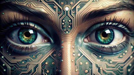 Aufkleber - Close-up of robot eyes with intricate circuit patterns on the irises, robot, eye, closeup, detail