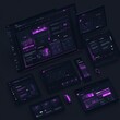 © Wavezaa - 19. Dark mode website layout with glowing elements, trendy web design aesthetic, modern UI/UX concept.