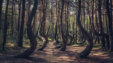 Poster - A pathway through a forest of unusually bent trees.