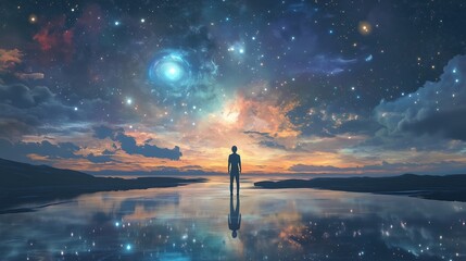 Wall Mural - a person stands in awe under a starry sky reflecting on calm waters at twilight, exploring the beaut