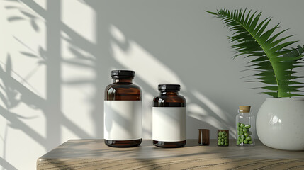 Two amber glass bottles with blank labels sit on a wooden table, next to a smaller bottle filled with green pills. A leafy plant sits in a white pot in the background.