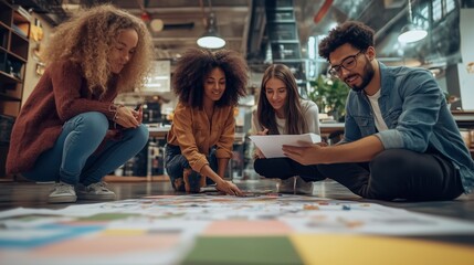 Poster - group of young adults collaborating on creative projects in a modern workspace while sitting on the 