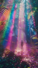 Poster - arafed image of a man walking through a forest with a rainbow light