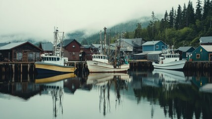 Wall Mural - A quiet harbor with fishing boats docked in a small Alaskan town. No people, copy space.