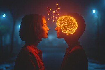 Poster - Silhouette of two faces with glowing brain visuals symbolizing the connection of thoughts and the intellectual bond between two people