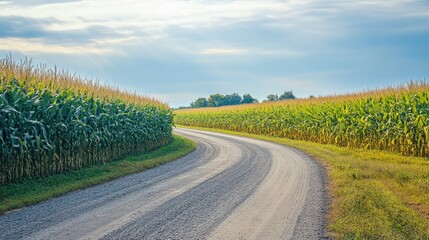 A quiet rural road lined with tall cornfields in the American Midwest. No people, copy space.